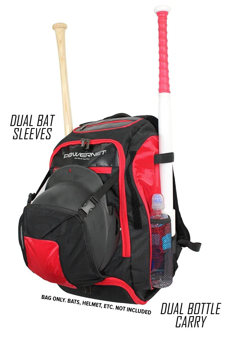 PowerNet Baseball Softball Backpack, Choose from 3 Colors Red Black Blue, Padded Helmet Carrier, Dual Bat Sleeves, Vented Cleat Compartment, Fence Hook, Hook and Loop Batting Glove Area - Image 5