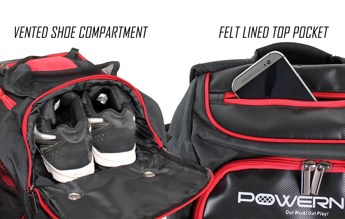 PowerNet Baseball Softball Backpack, Choose from 3 Colors Red Black Blue, Padded Helmet Carrier, Dual Bat Sleeves, Vented Cleat Compartment, Fence Hook, Hook and Loop Batting Glove Area - Image 7
