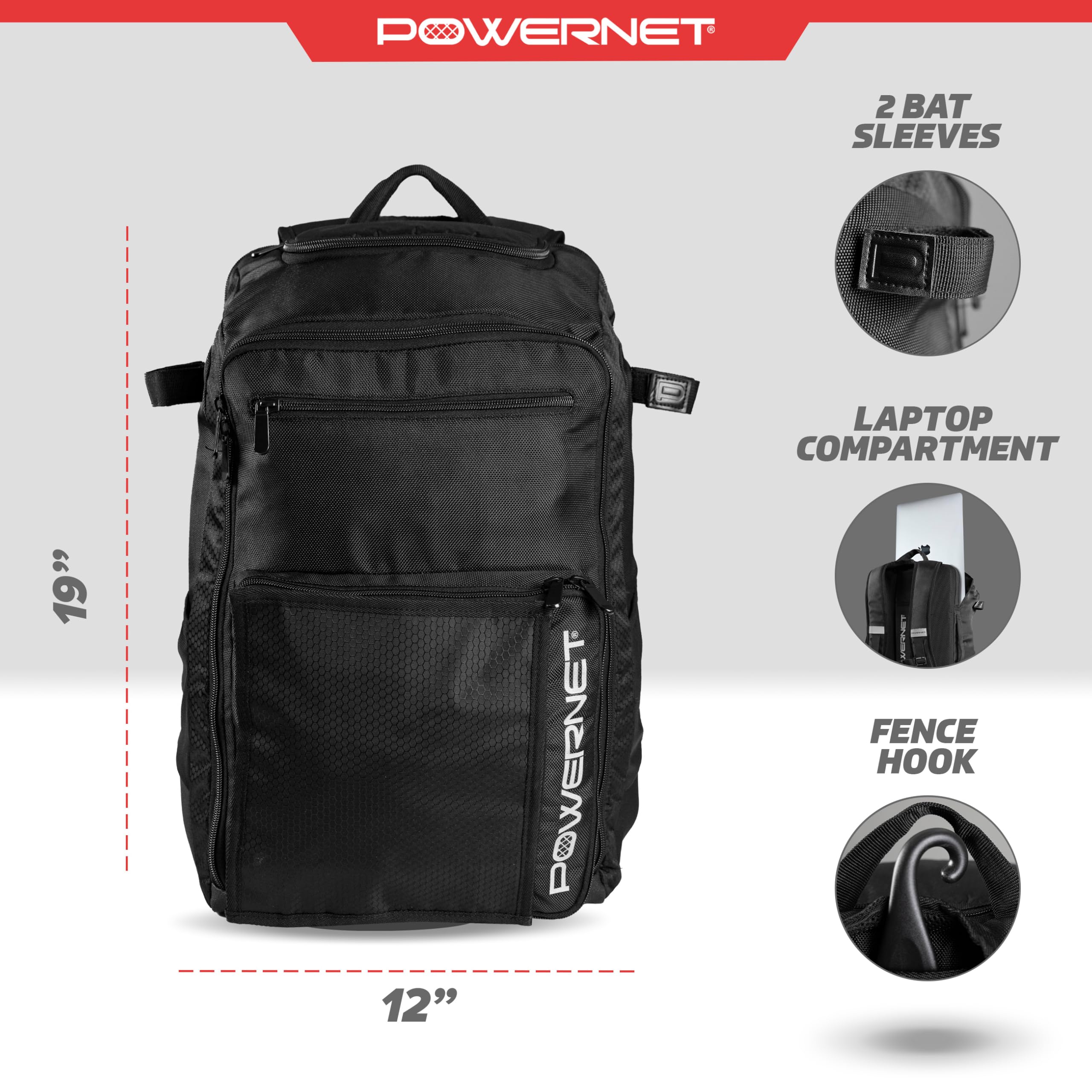 PowerNet Coach's Baseball Backpack, Softball & Baseball Bag for Coaching Gear with Laptop Sleeve and Zippered Pockets, Coach Bat Bag with Chain-Link Fence Hook and Luggage Strap - Image 3