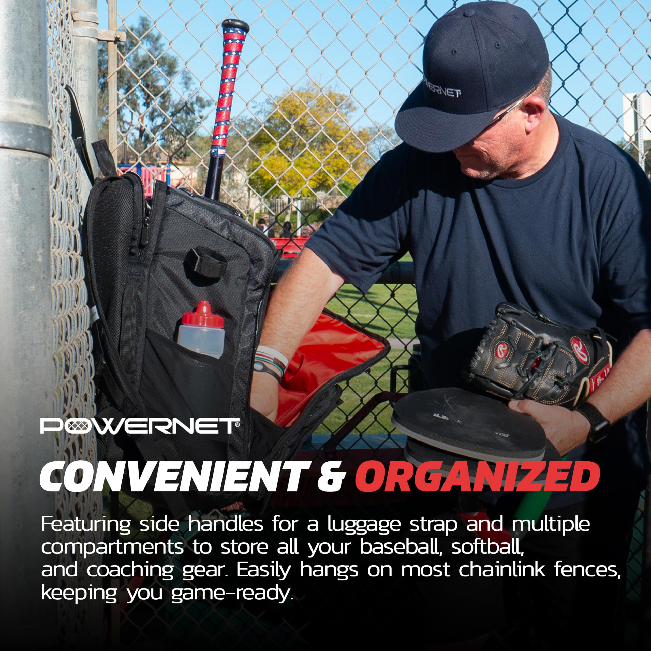 PowerNet Coach's Baseball Backpack, Softball & Baseball Bag for Coaching Gear with Laptop Sleeve and Zippered Pockets, Coach Bat Bag with Chain-Link Fence Hook and Luggage Strap - Image 4