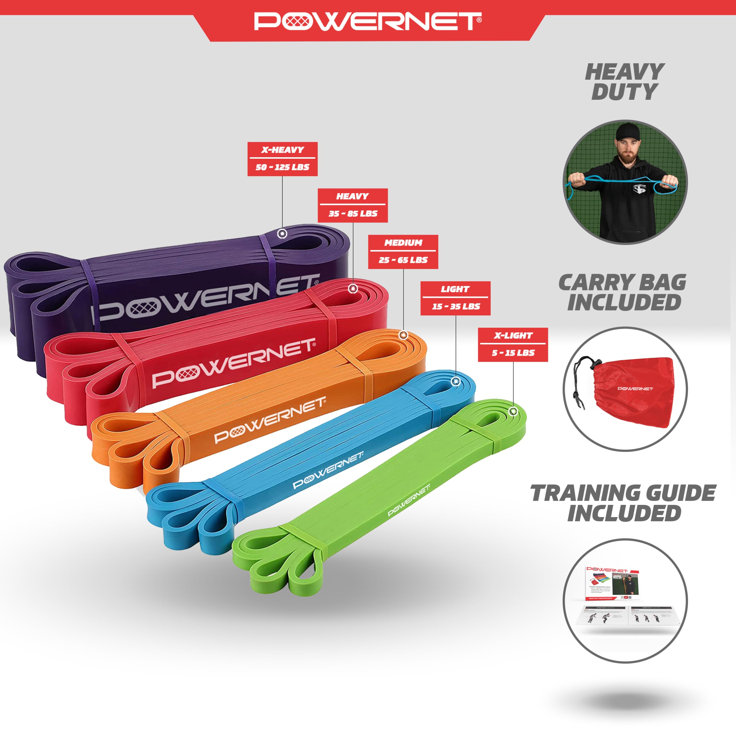 PowerNet Resistance Bands, Heavy Duty & Regular Resistance Color-Coded Exercise Bands, Workout Equipment for Home Gym, Progressive Elastic Bands for Stretching & Training, Regular, Heavy-Duty or Combo - Image 3
