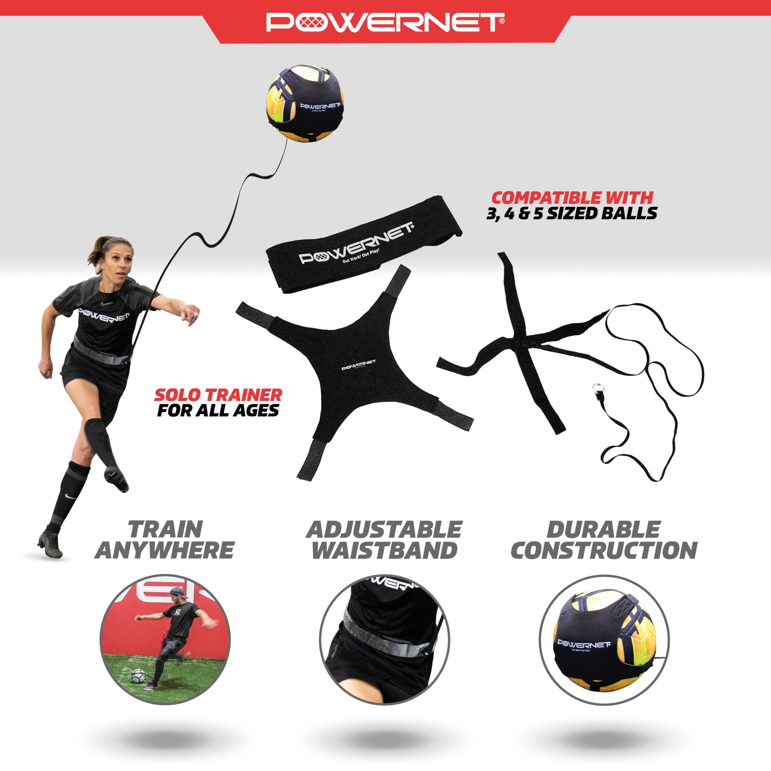 PowerNet Solo Rebounder, Adjustable Soccer Ball Skill Trainer for Kicking, Throwing & Juggling, Indoor Outdoor Soccer Training Equipment, Fits Ball Sizes 3, 4, and 5 - Image 3